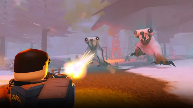 A player fires at two pale mutant bears outside a wooden shelter in a snowy forest, with power towers behind them.